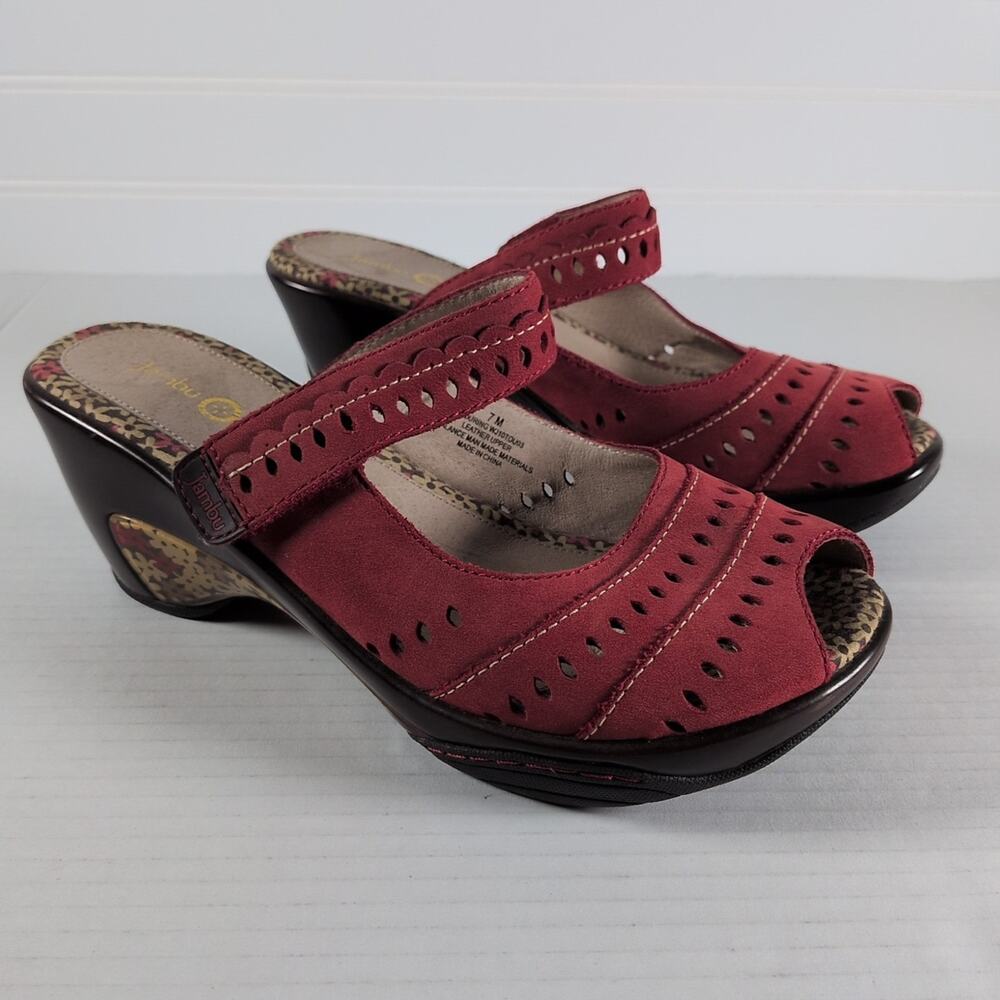 Jambu Sport Wedge Sandals Womens 7 Red Suede Laser Cut Mary Jane Peep Toe Mule